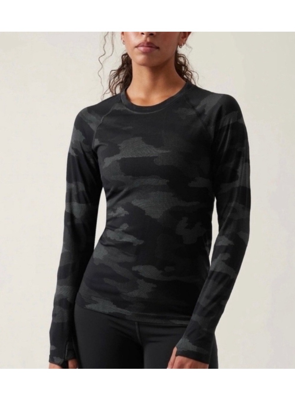 Athleta Black Camo Long Sleeve Performance Top